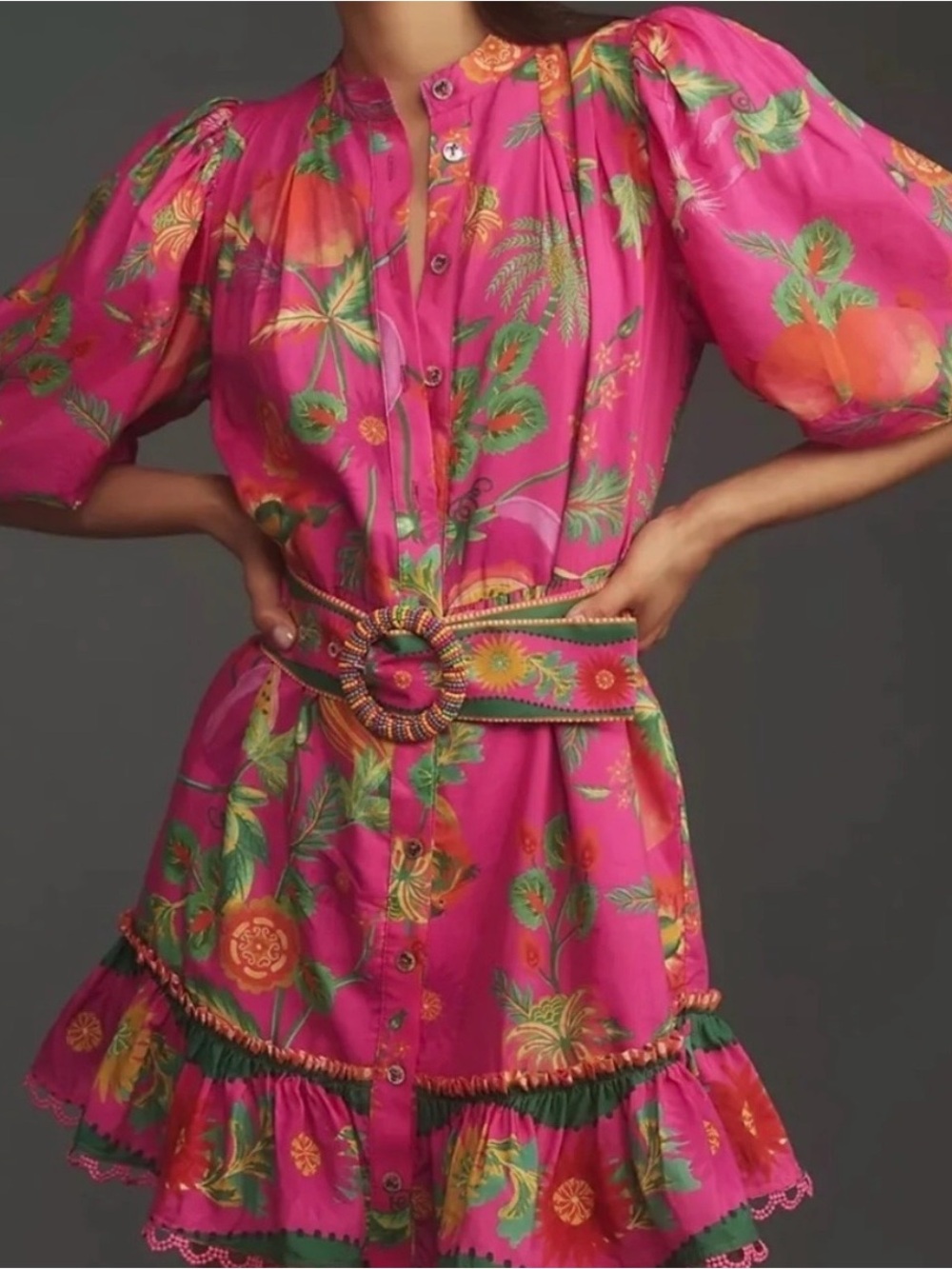 Farm Rio (M) Adorable Vibrant Pink Floral Button-Front Mini Dress